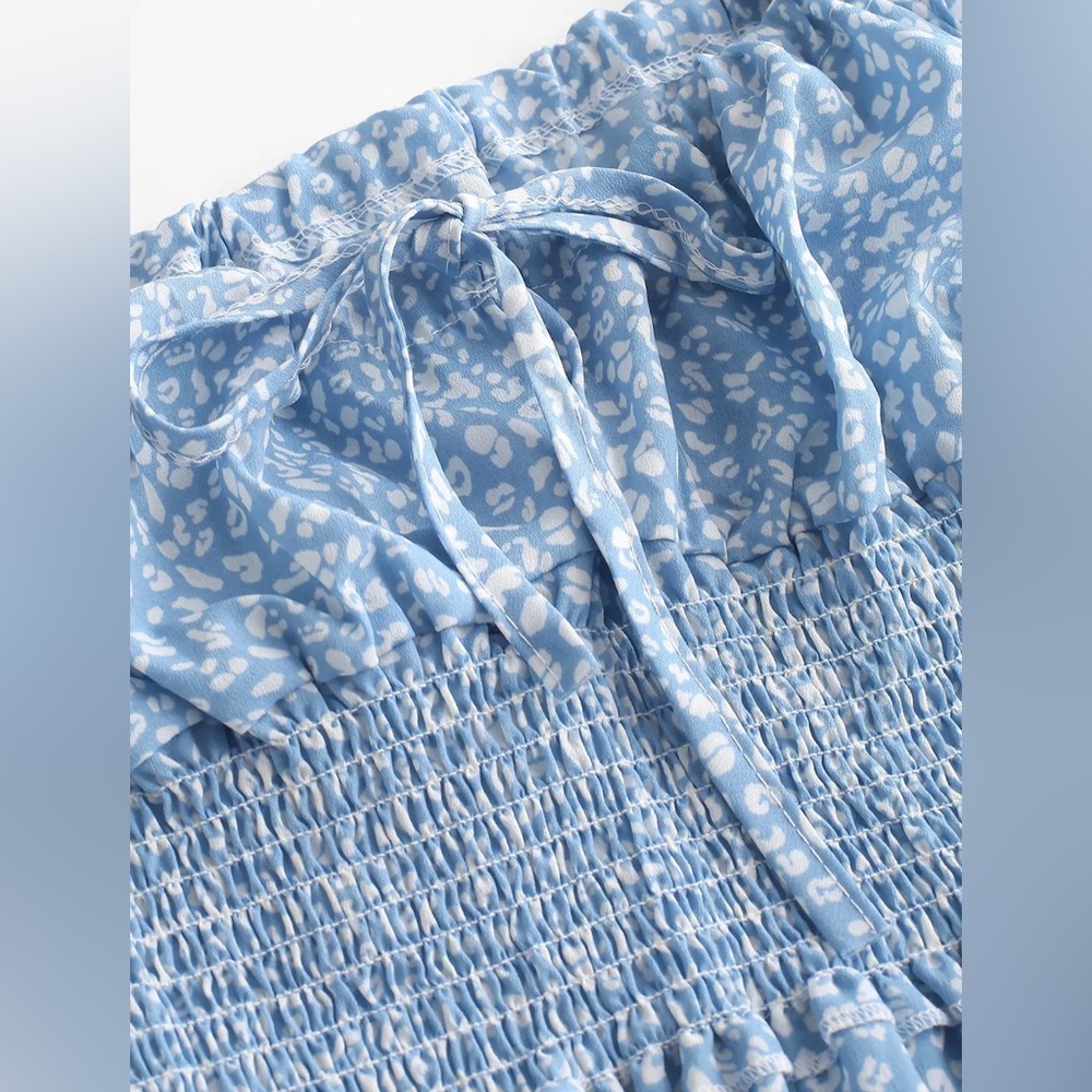 Smocked Printed Sleeveless A Line Dress - Light Blue S (Zaful) - Picture 3 of 11